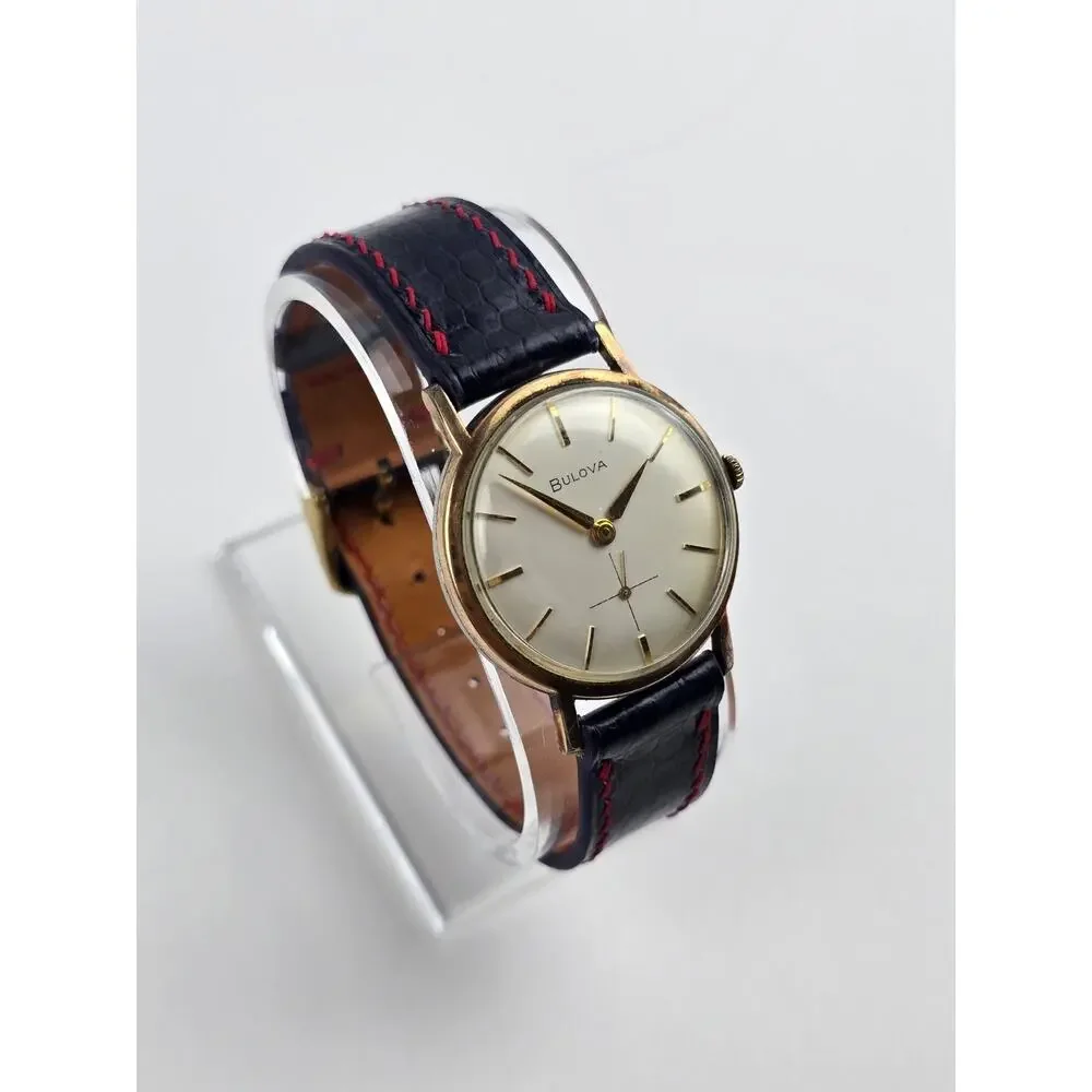 Bulova M7 Men's Thin Wind-up Watch Crosshair 10k RGP Bezel Runs Good Blue Band